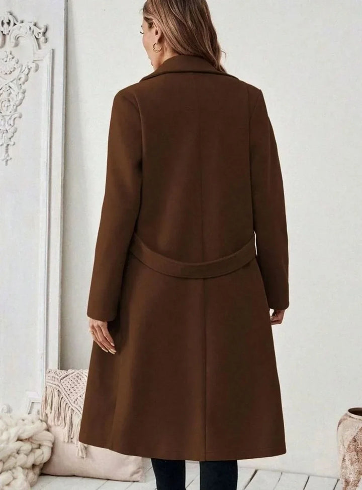 Women's Belted Long Wool Coat – Wide Collar