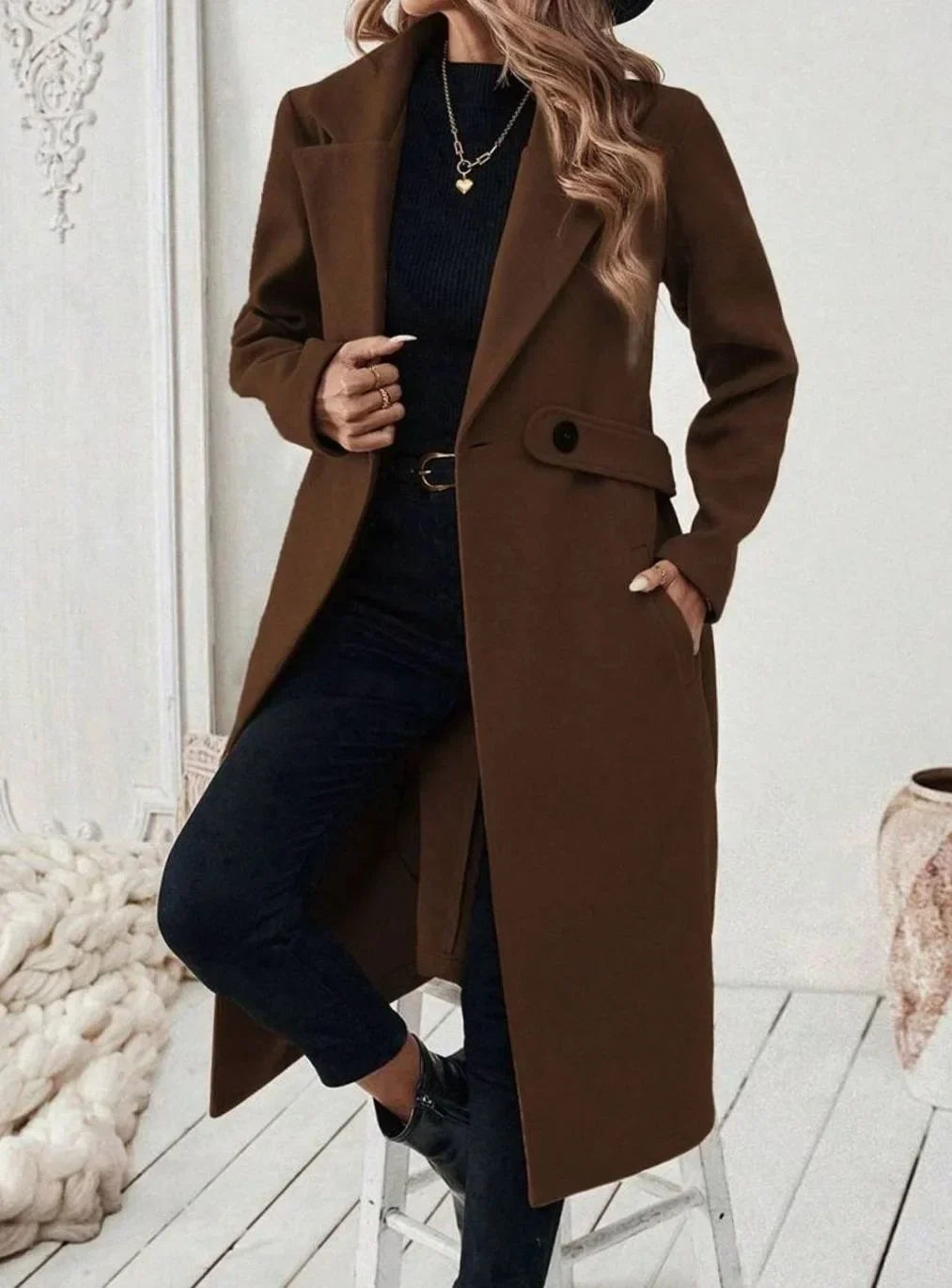 Women's Belted Long Wool Coat – Wide Collar