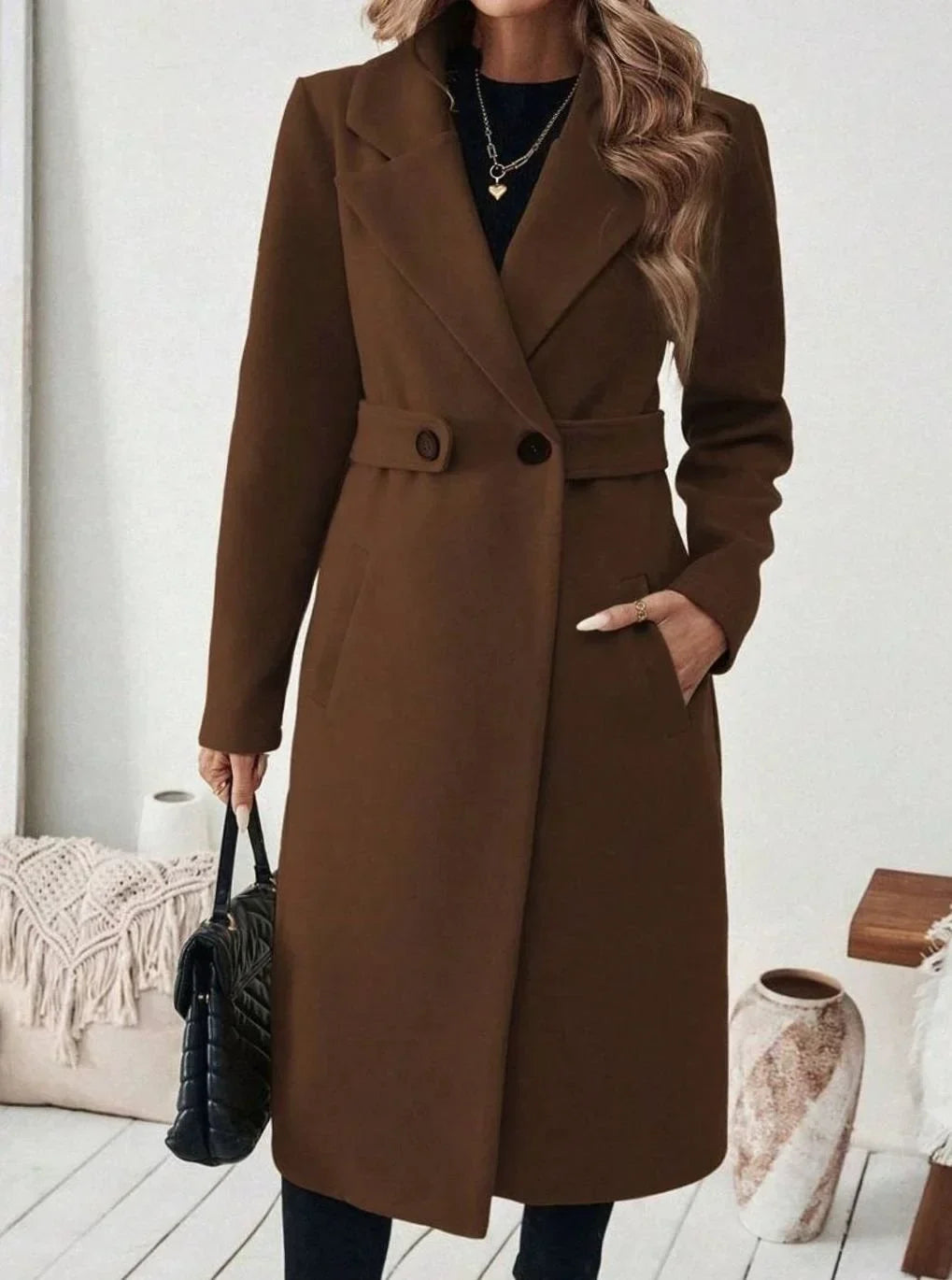 Women's Belted Long Wool Coat – Wide Collar