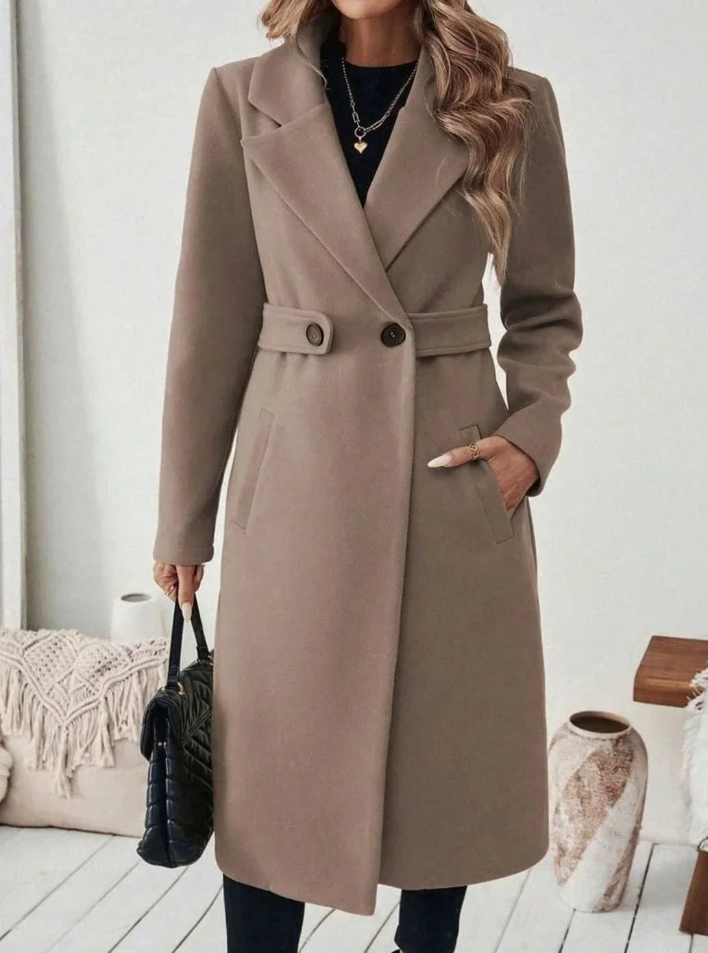 Women's Belted Long Wool Coat – Wide Collar