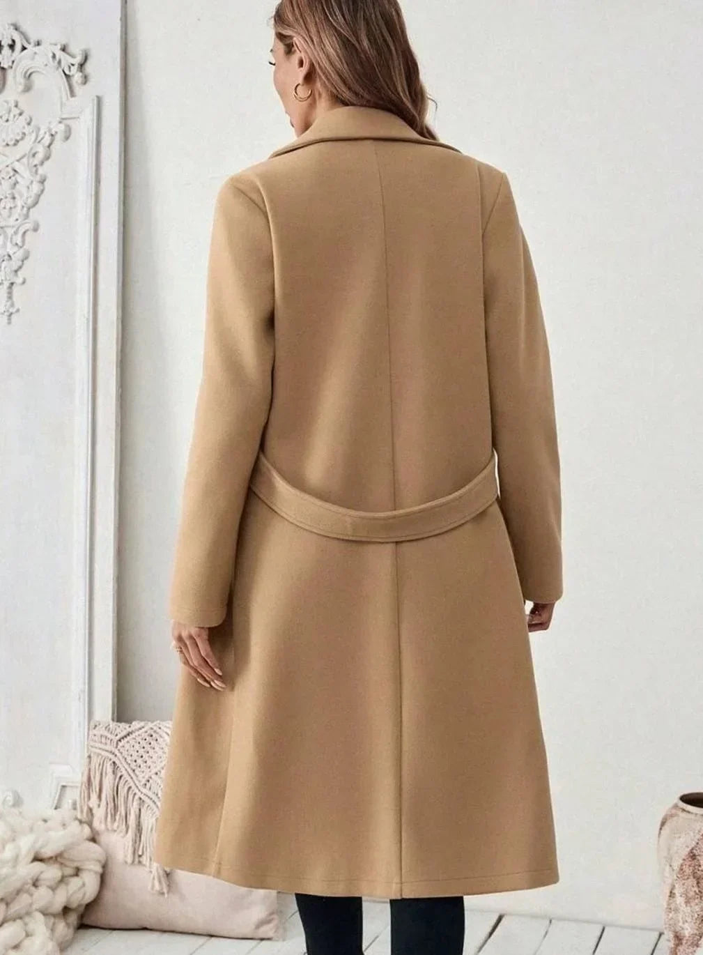 Women's Belted Long Wool Coat – Wide Collar