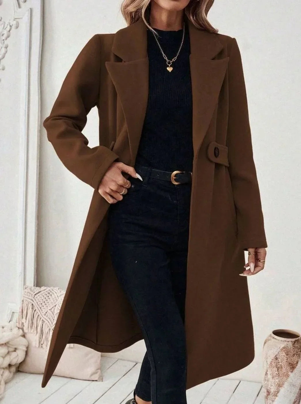 Women's Belted Long Wool Coat – Wide Collar