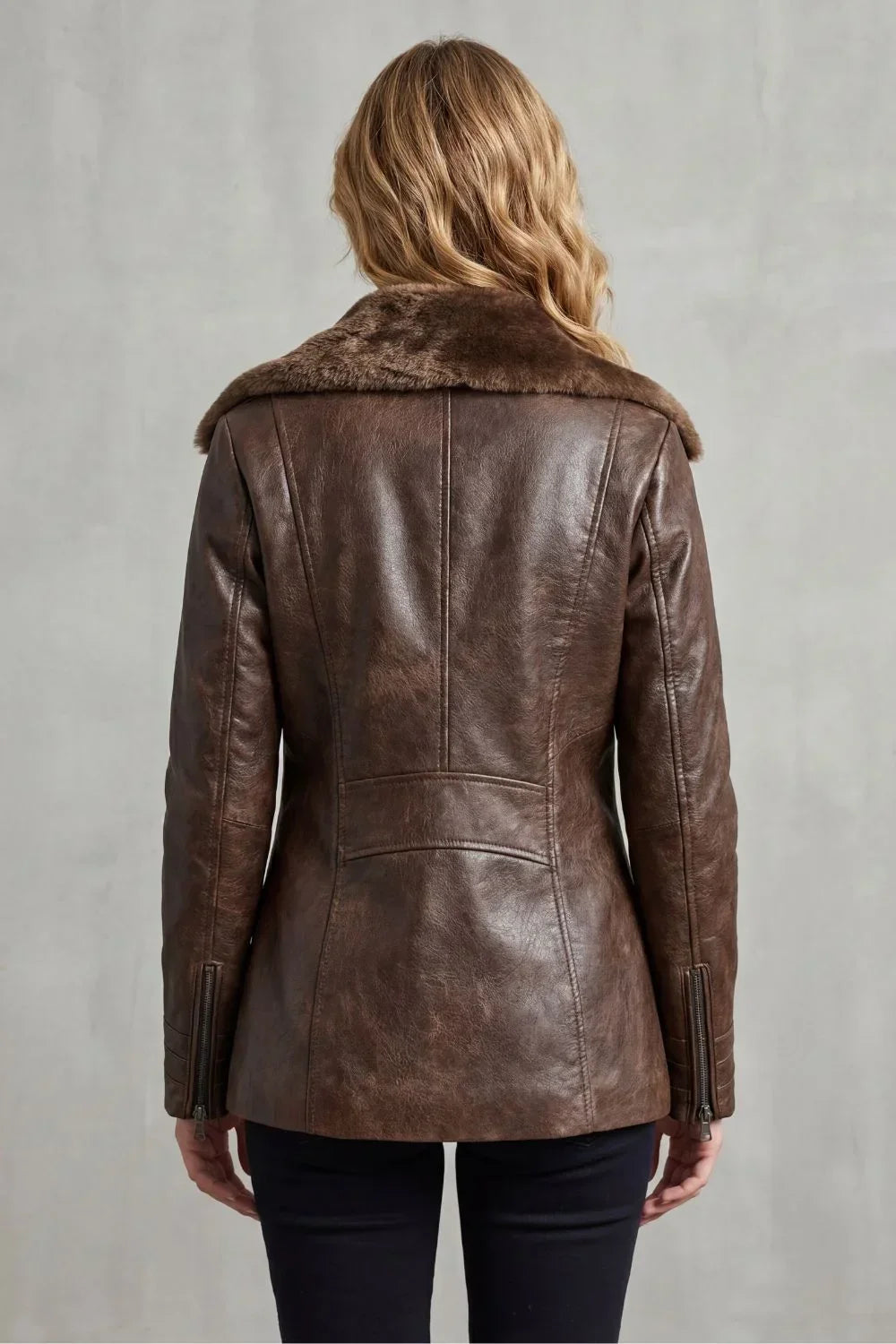 Women's Brown Leather Jacket – Shearling Collar And Warm Lining