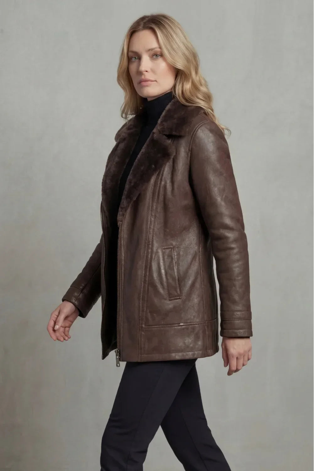 Women's Brown Leather Jacket – Shearling Collar And Warm Lining