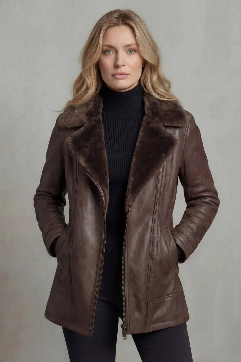 Women's Brown Leather Jacket – Shearling Collar And Warm Lining