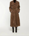 Women's Double-Breasted Suede Long Belted Trench Coat