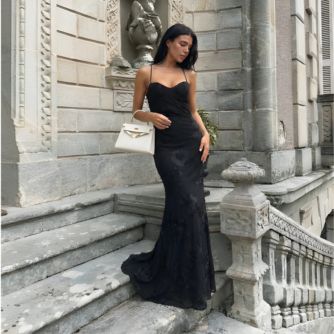 Womens Fashion Style - Women's Lace Evening Maxi Dress with Open Back - product view 3