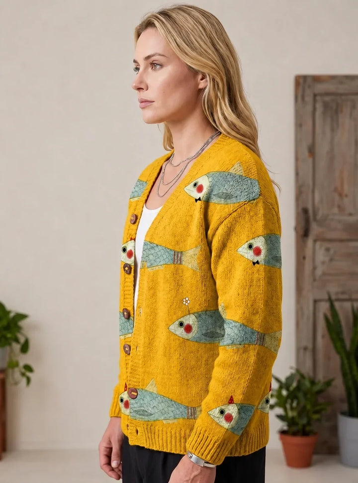 Women's Button-Down Fish Print Cardigan