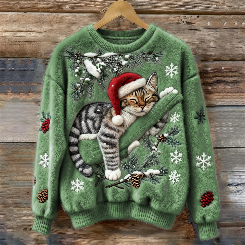 Women's Jumper – Festive Cat Print Crew Neck Christmas
