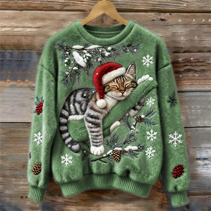 Women's Jumper – Festive Cat Print Crew Neck Christmas