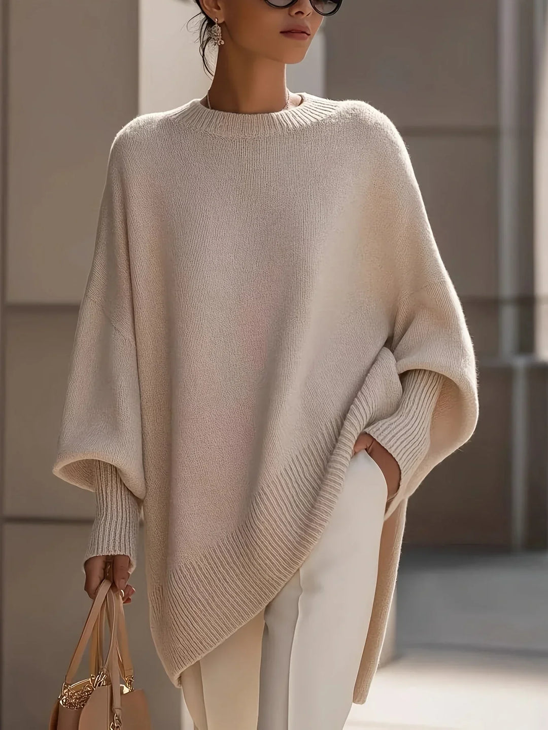 Women's Ribbed Knitted Oversized Crew Neck Batwing Jumper