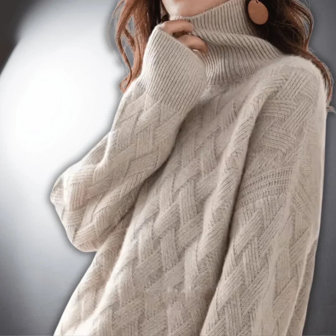Women's Knitted Basketweave Turtleneck Oversized Jumpers