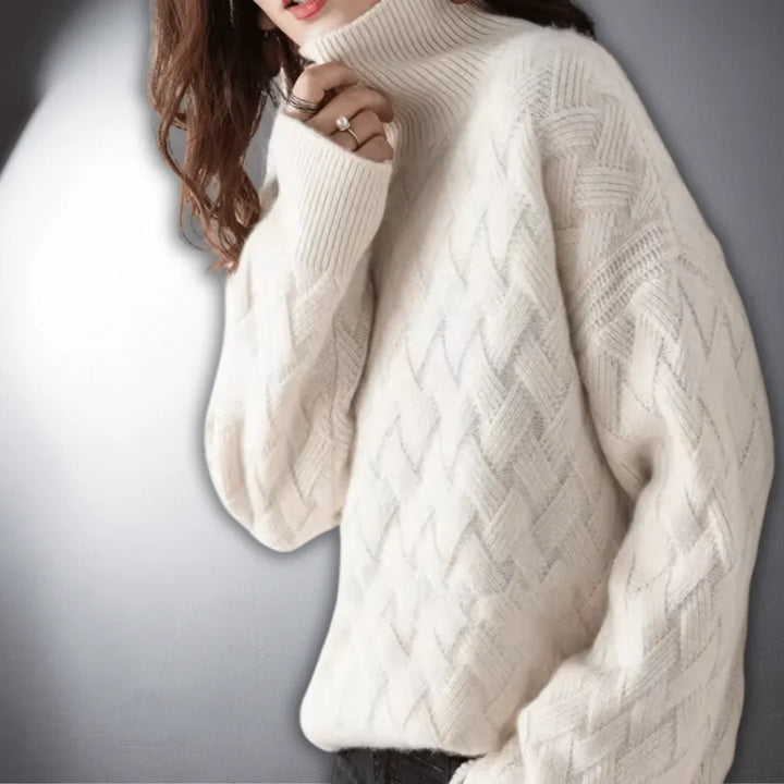 Women's Knitted Basketweave Turtleneck Oversized Jumpers