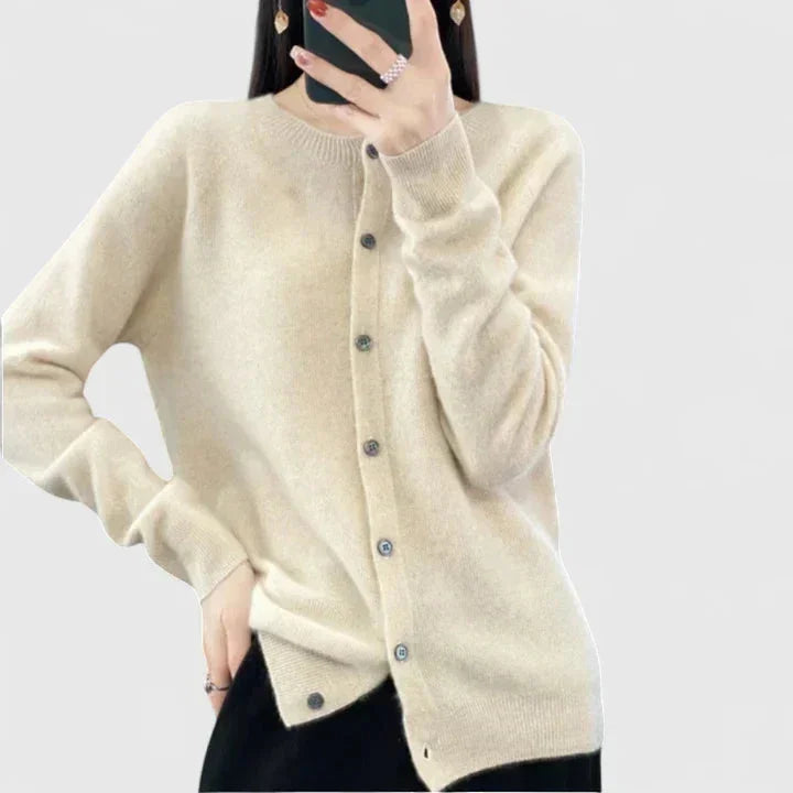 Women's Knit Button-Front Crew Neck Cardigan – Ribbed Cuffs And Hem