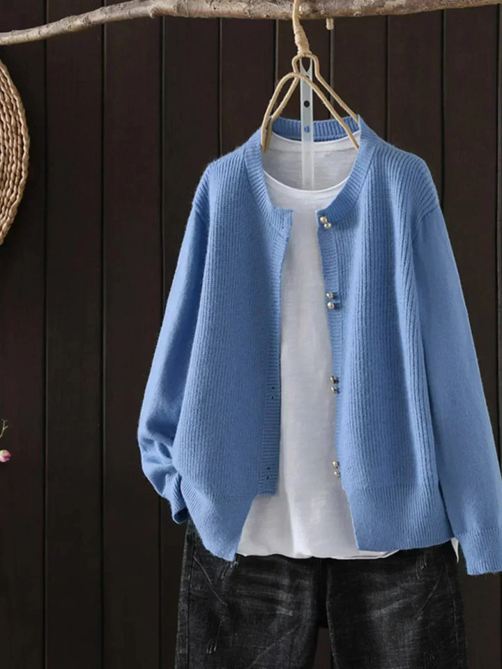 Women's Knit Button-Front Crew Neck Cardigan – Ribbed Texture