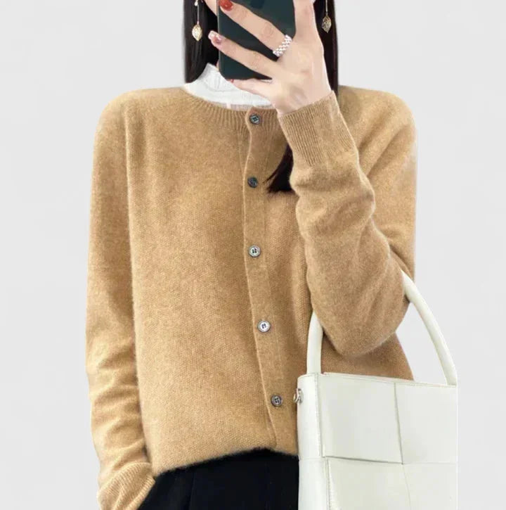 Women's Knit Button-Front Crew Neck Cardigan – Ribbed Cuffs And Hem