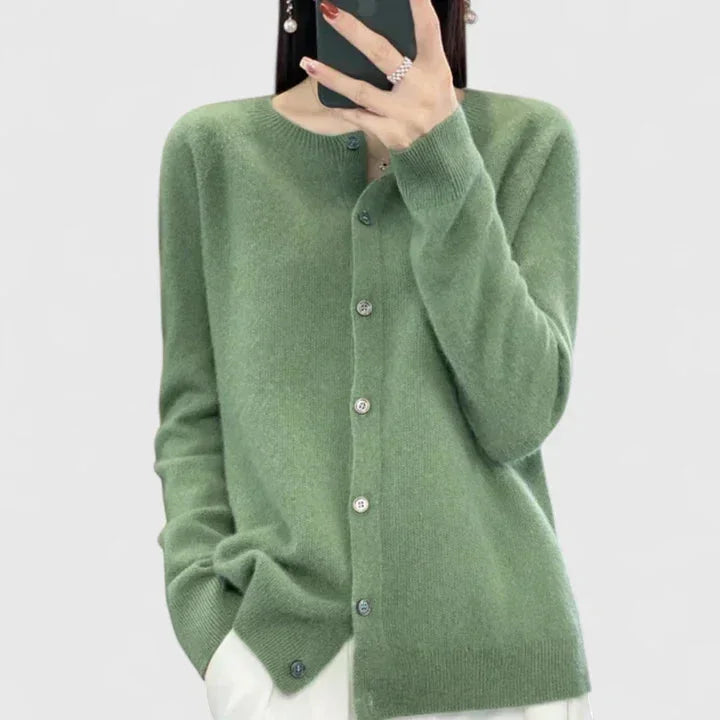 Women's Knit Button-Front Crew Neck Cardigan – Ribbed Cuffs And Hem