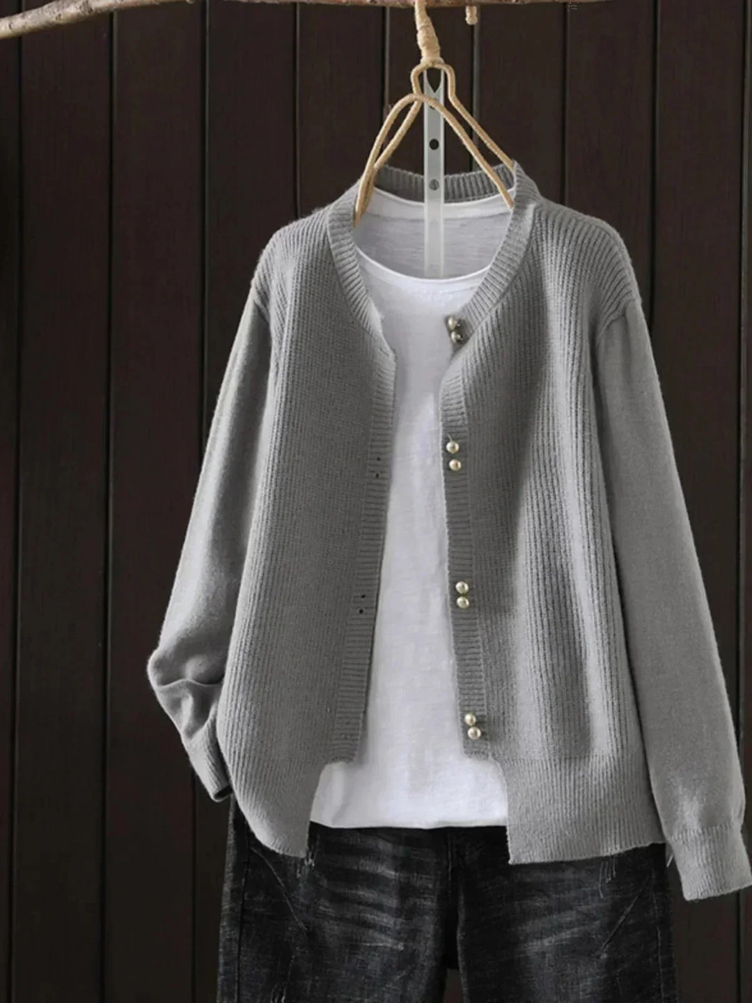 Women's Knit Button-Front Crew Neck Cardigan – Ribbed Texture