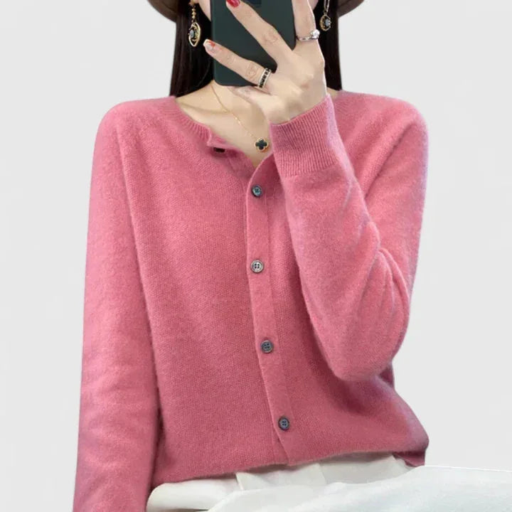 Women's Knit Button-Front Crew Neck Cardigan – Ribbed Cuffs And Hem