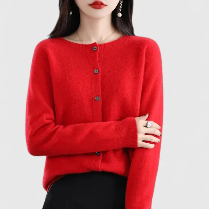 Women's Knit Button-Front Crew Neck Cardigan – Ribbed Cuffs And Hem