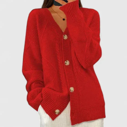 Women's Knit Button-Front V-Neck Cardigan – Ribbed Cuffs
