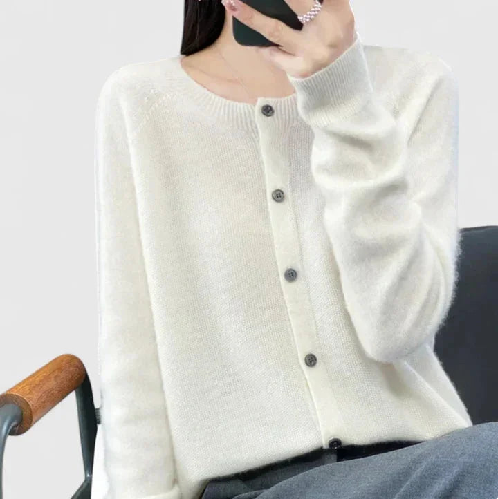 Women's Knit Button-Front Crew Neck Cardigan – Ribbed Cuffs And Hem