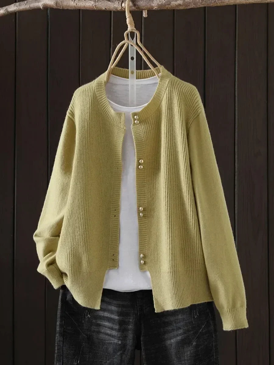 Women's Knit Button-Front Crew Neck Cardigan – Ribbed Texture