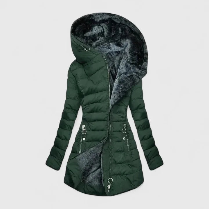 Women's Quilted Zip-Up Hood Puffer Coat – Faux Fur Lining