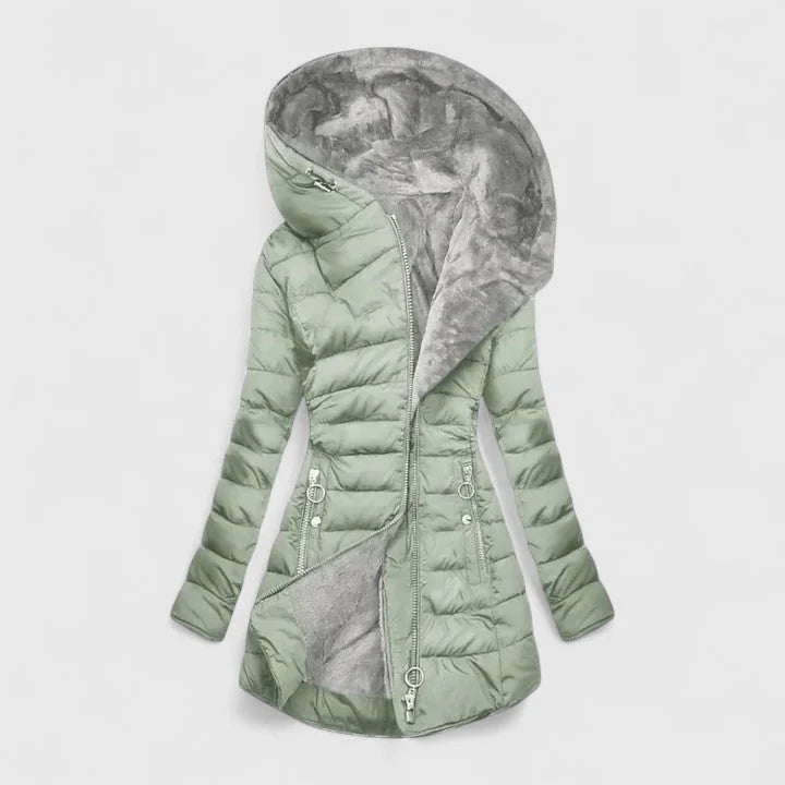 Women's Quilted Zip-Up Hood Puffer Coat – Faux Fur Lining