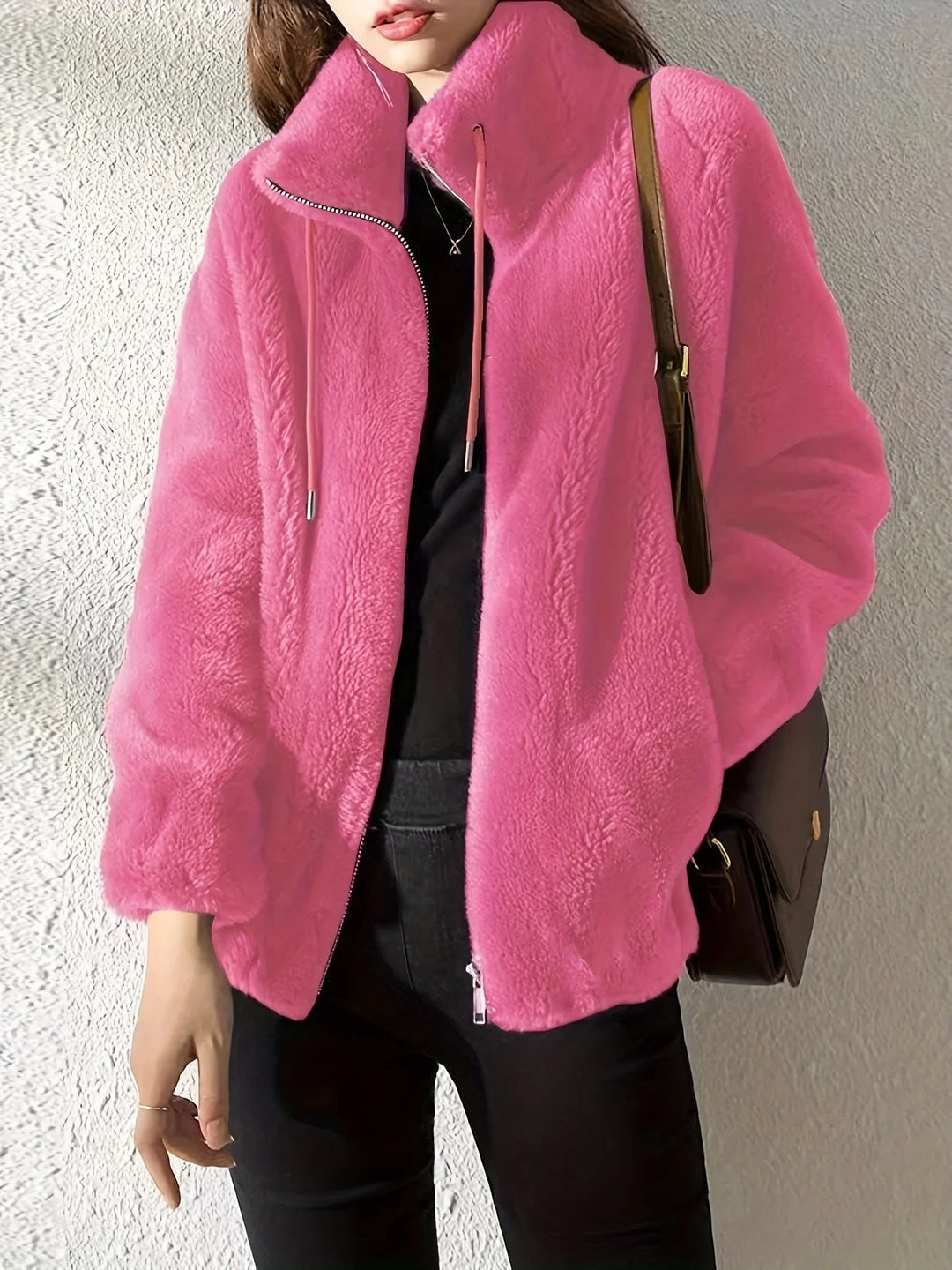 Women's Borg Zip-Up Stand Collar Jacket – Drawstring