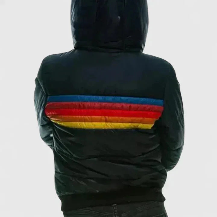 Women's Striped Quilted Zip-Up Puffer Jacket – Rainbow Stripes