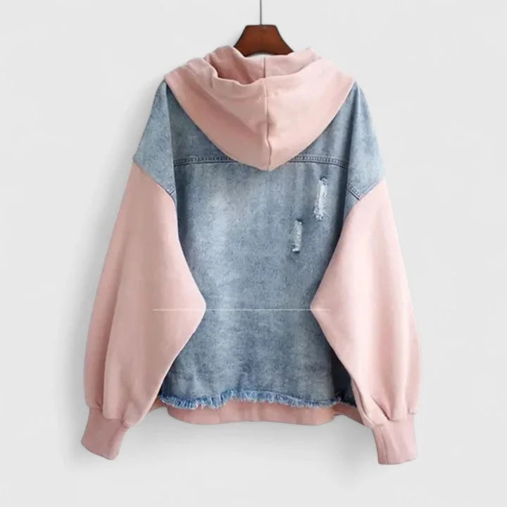Women's Colourblock Zip-Up Hood Denim Jacket – Contrast Sleeves