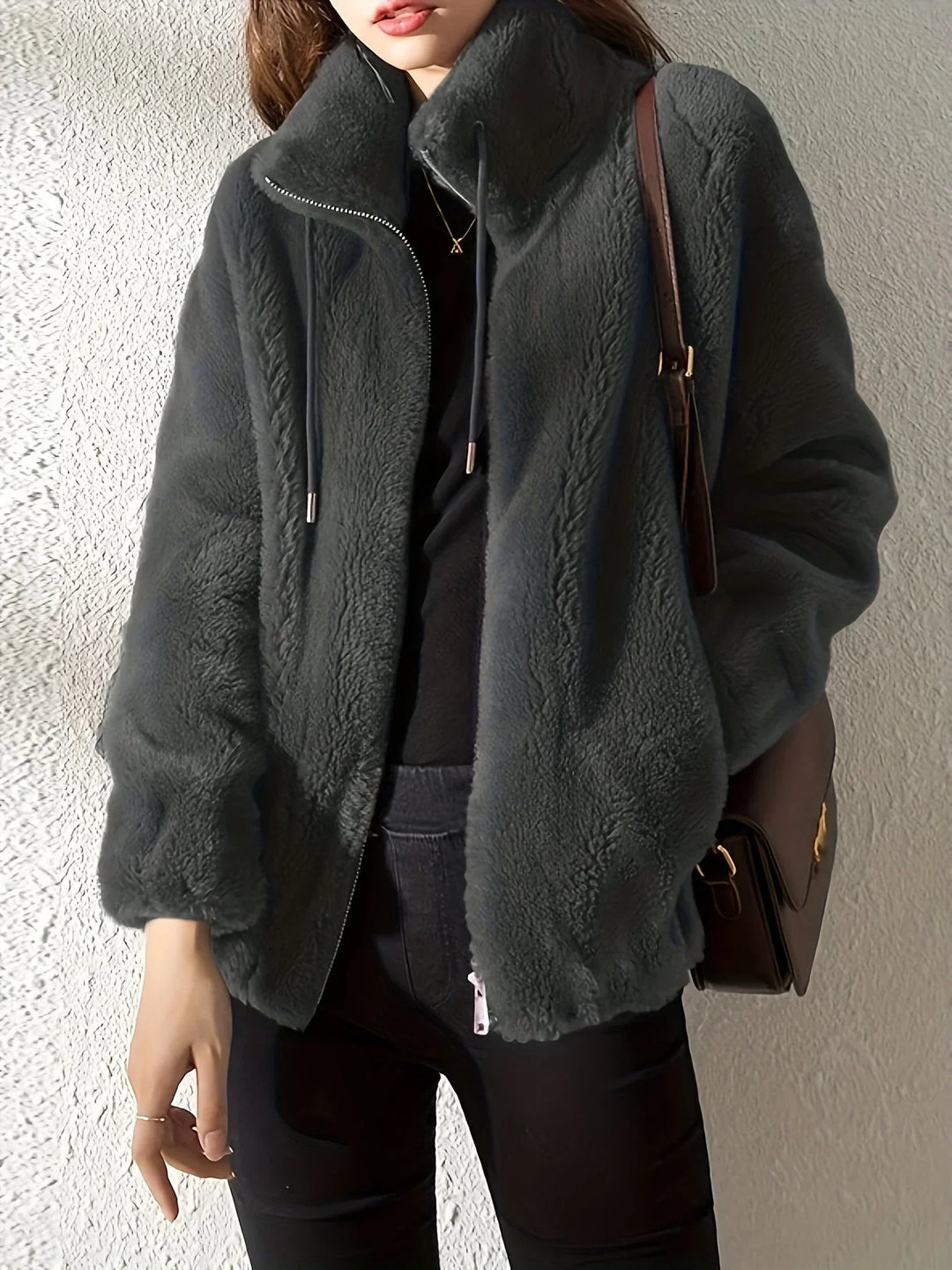 Women's Borg Zip-Up Stand Collar Jacket – Drawstring