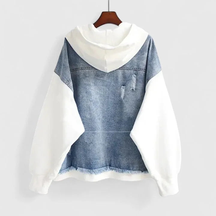 Women's Colourblock Zip-Up Hood Denim Jacket – Contrast Sleeves