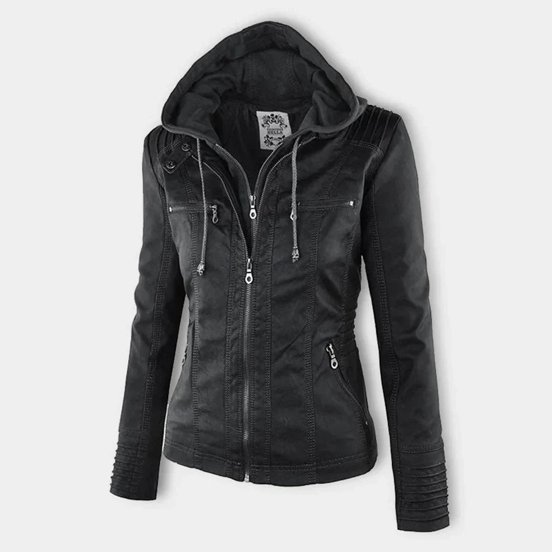 Women's Zip-Up Hood Leather Jacket – Zippered Pockets