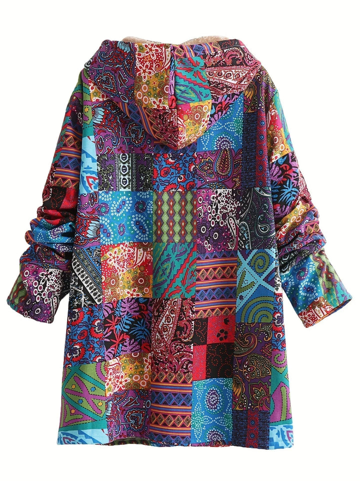 Women's Borg Button-Front Hood Parka – Patchwork Print