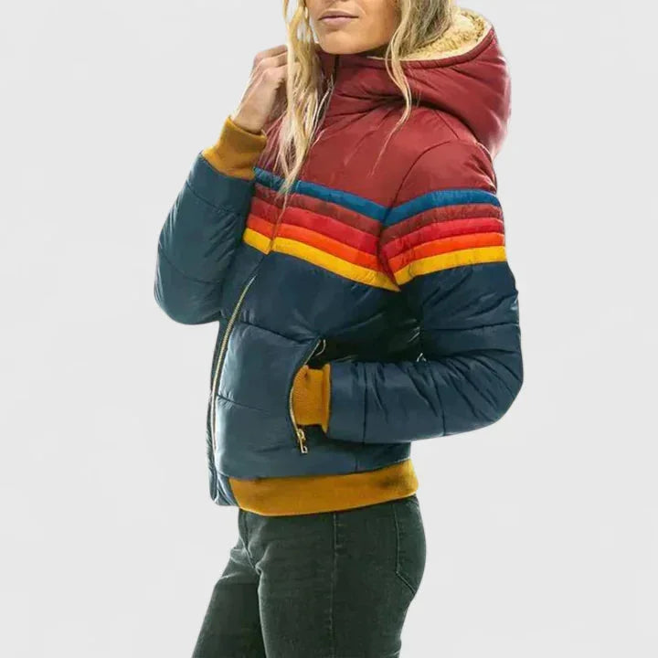 Women's Striped Quilted Zip-Up Puffer Jacket – Rainbow Stripes