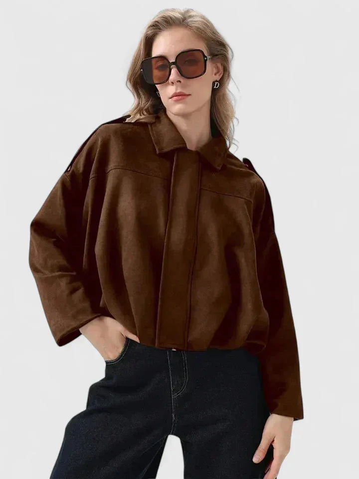 Women's Suede Button-Front Collared Cropped Jacket