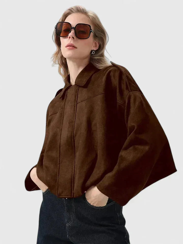 Women's Suede Button-Front Collared Cropped Jacket