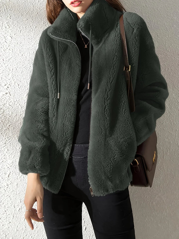 Women's Borg Zip-Up Stand Collar Jacket – Drawstring