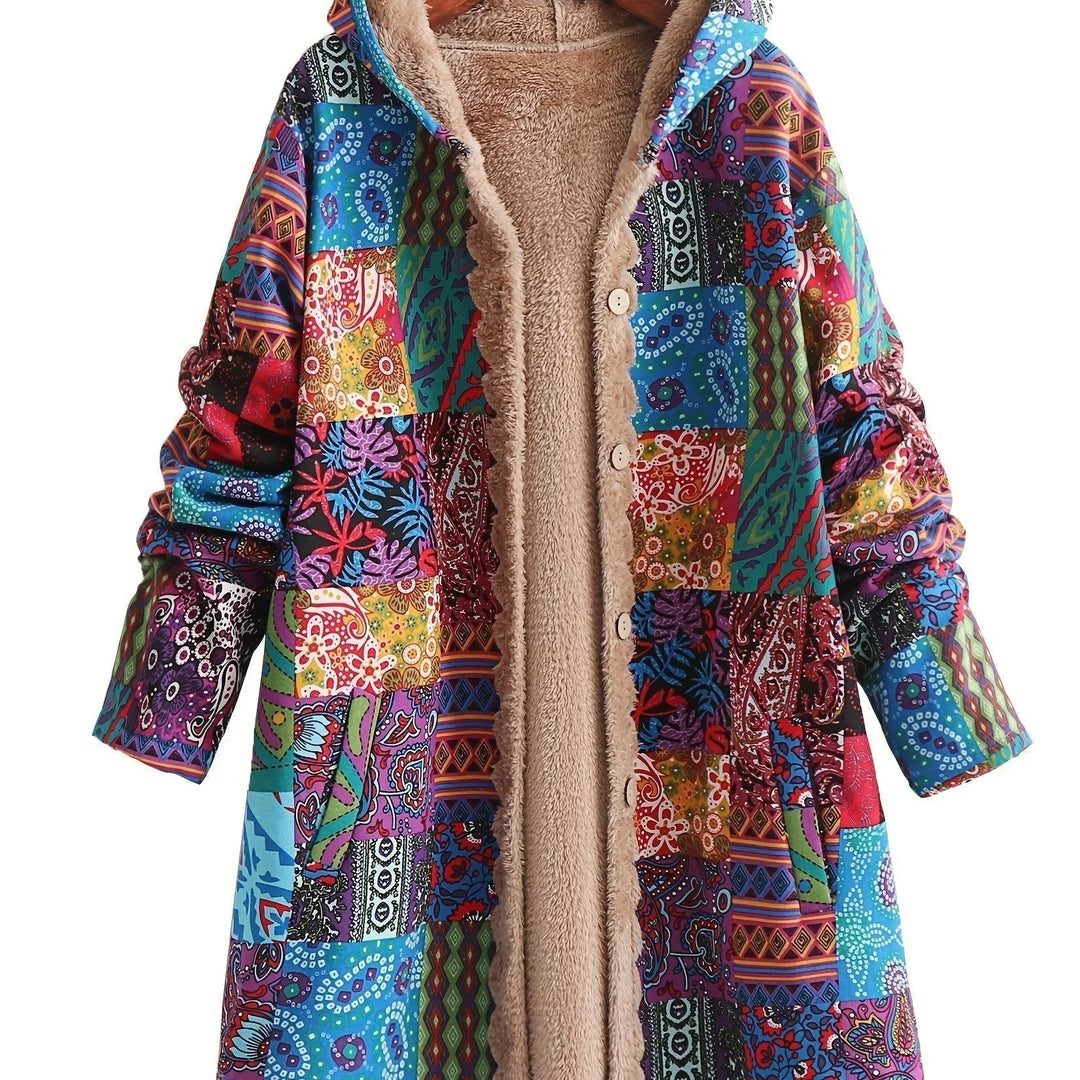 Women's Borg Button-Front Hood Parka – Patchwork Print