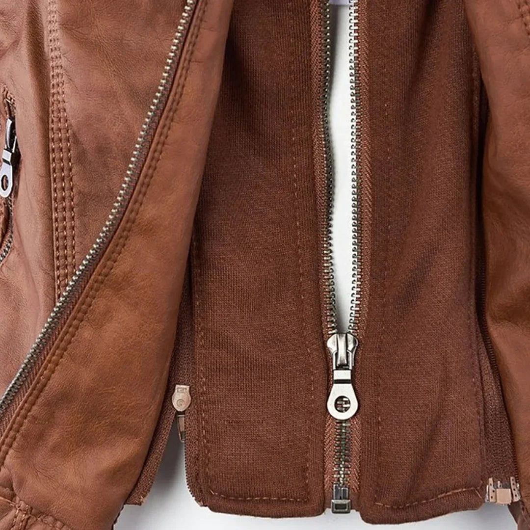 Women's Zip-Up Hood Leather Jacket – Zippered Pockets
