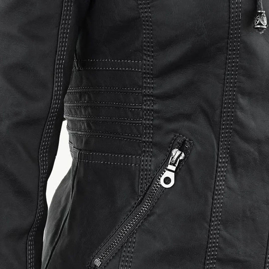 Women's Zip-Up Hood Leather Jacket – Zippered Pockets