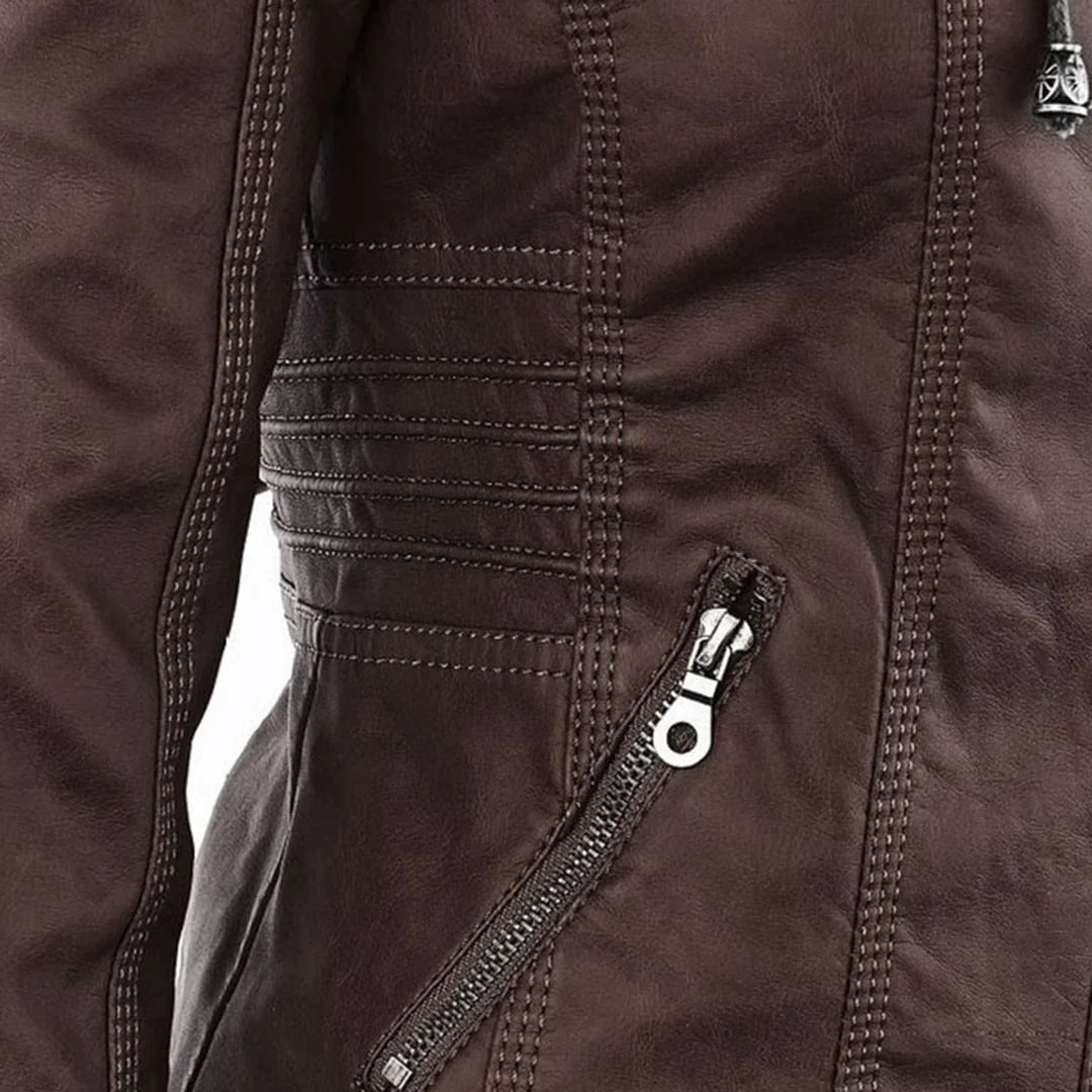Women's Zip-Up Hood Leather Jacket – Zippered Pockets
