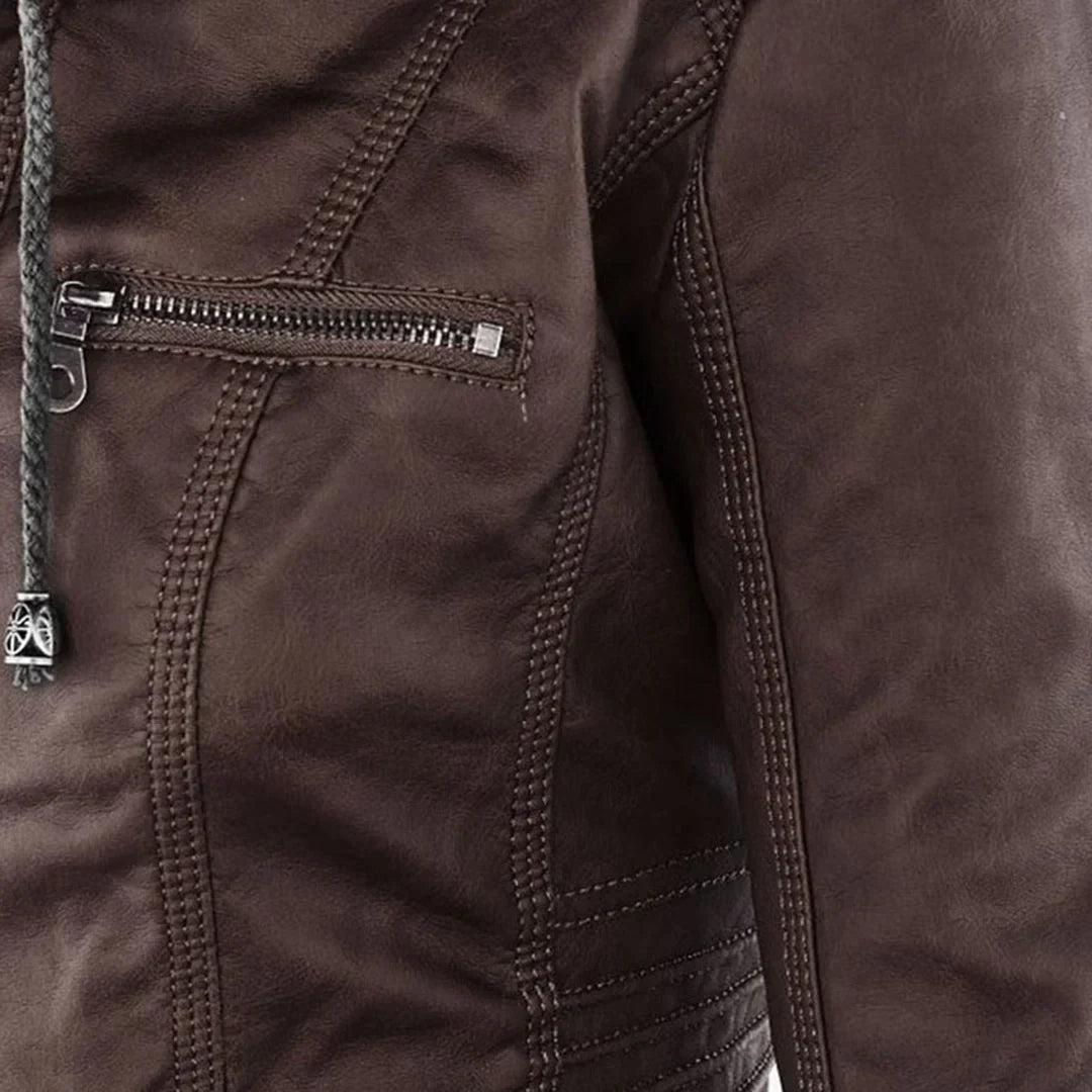 Women's Zip-Up Hood Leather Jacket – Zippered Pockets