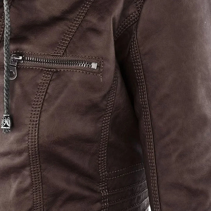 Women's Zip-Up Hood Leather Jacket – Zippered Pockets