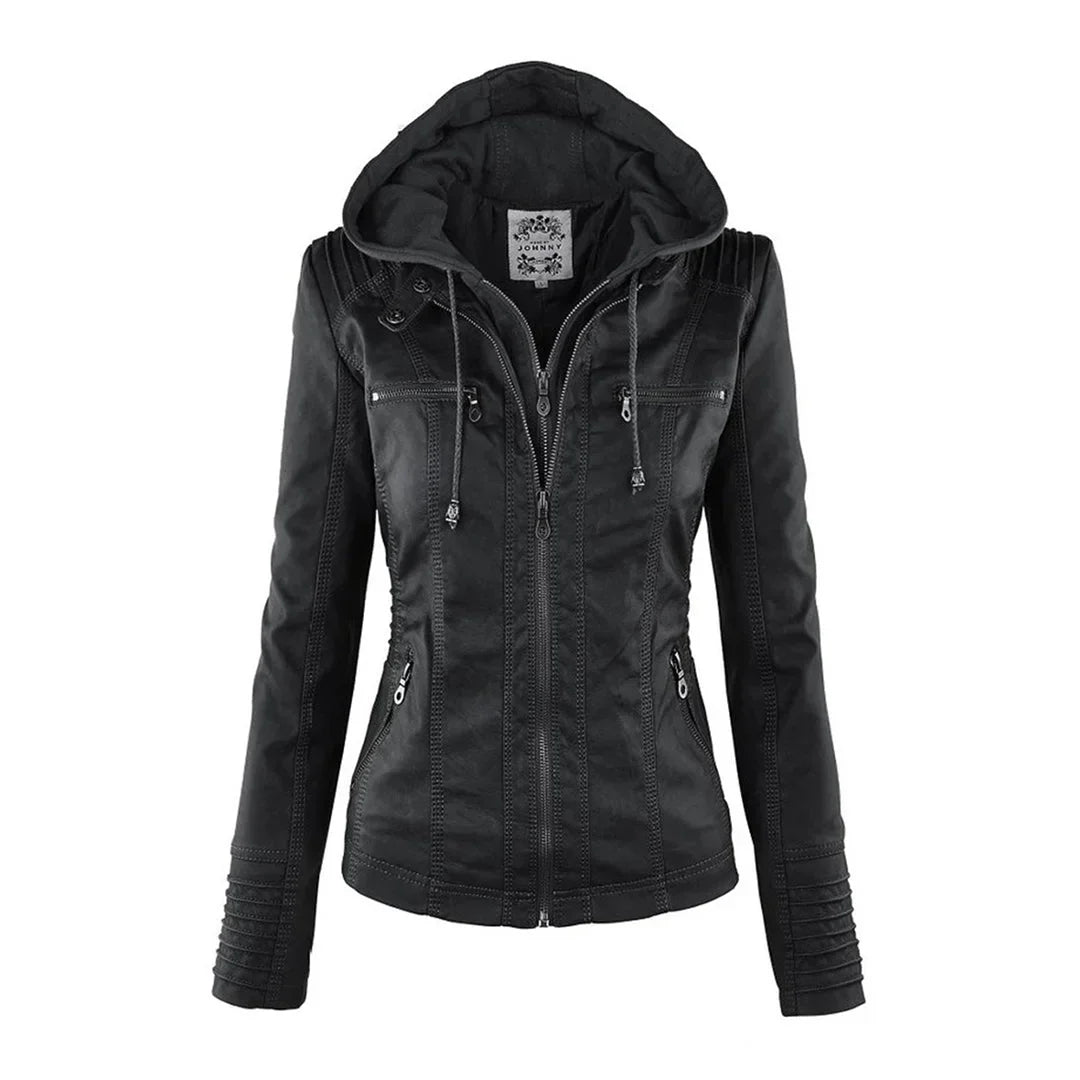 Women's Zip-Up Hood Leather Jacket – Zippered Pockets