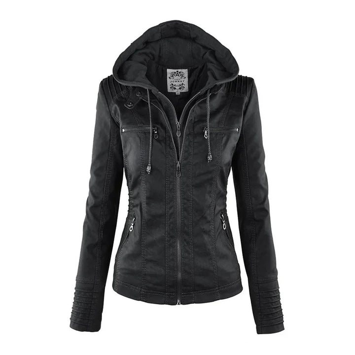 Women's Zip-Up Hood Leather Jacket – Zippered Pockets