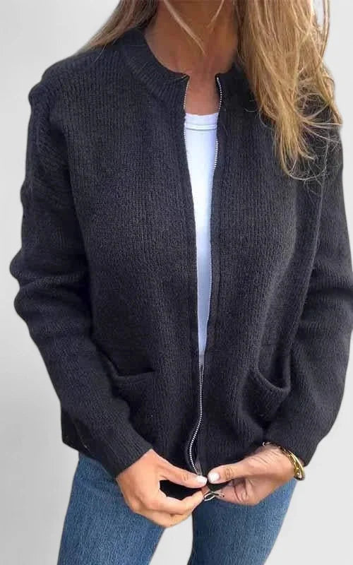 Women's Ribbed Zip-Up Stand Collar Cardigan – Front Patch Pockets