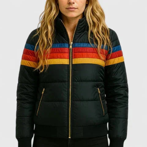 Women's Striped Quilted Zip-Up Puffer Jacket – Rainbow Stripes